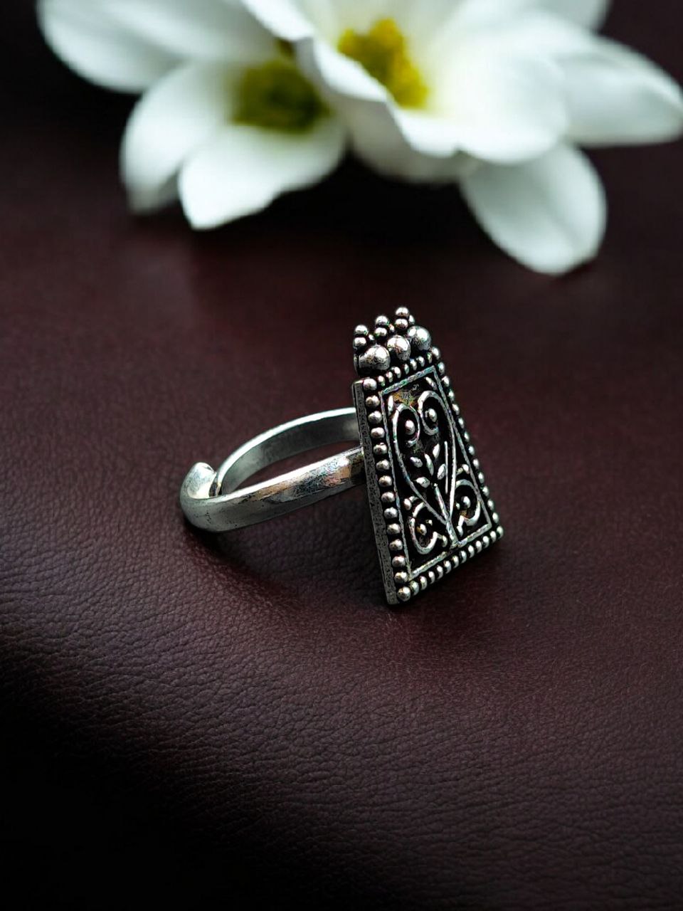 Elegant Floral Art Adjustable Ring | Oxidized Silver Plated Amazing Jewelry For Girls - Image 2