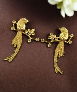 Alternative view of Handcrafted Gold Plated Parrot Stud Earrings | Flower Design & Stone Work Beautiful Jewelry