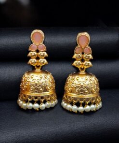 Alternative view of Gold Plated Floral Art Jhumka Dangler Earrings | Stone & Pearl Work Unique Jewelry