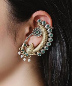 Alternative view of Beautiful Design Two-Tone Peacock Earcuff | Stone & Pearl Work Traditional Jewelry
