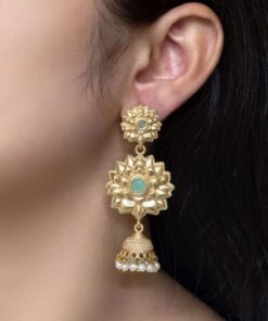 Alternative view of Elegant Gold Plated Flower Design Jhumka Earrings | Stone & Pearl Work Amazing Jewelry