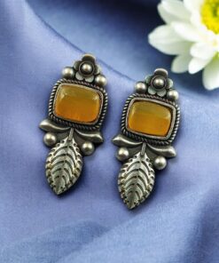 Alternative view of Vintage Look Silver Replica Leaf Design Stud Earrings | Monalisa Stone Best Jewelry For Girls