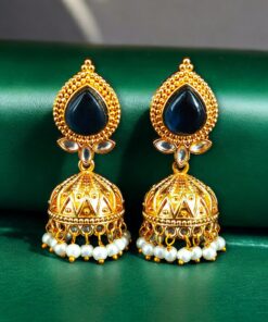 Alternative view of Designer Gold Plated Jhumka Earrings | Stone & Pearl Work Jewelry Perfect Gift For Her