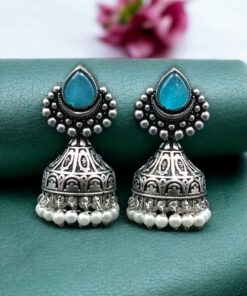 Alternative view of Traditional Monalisa Stone Silver Plated Jhumka Earrings | Best Pearl Work Festive Wear Jewelry
