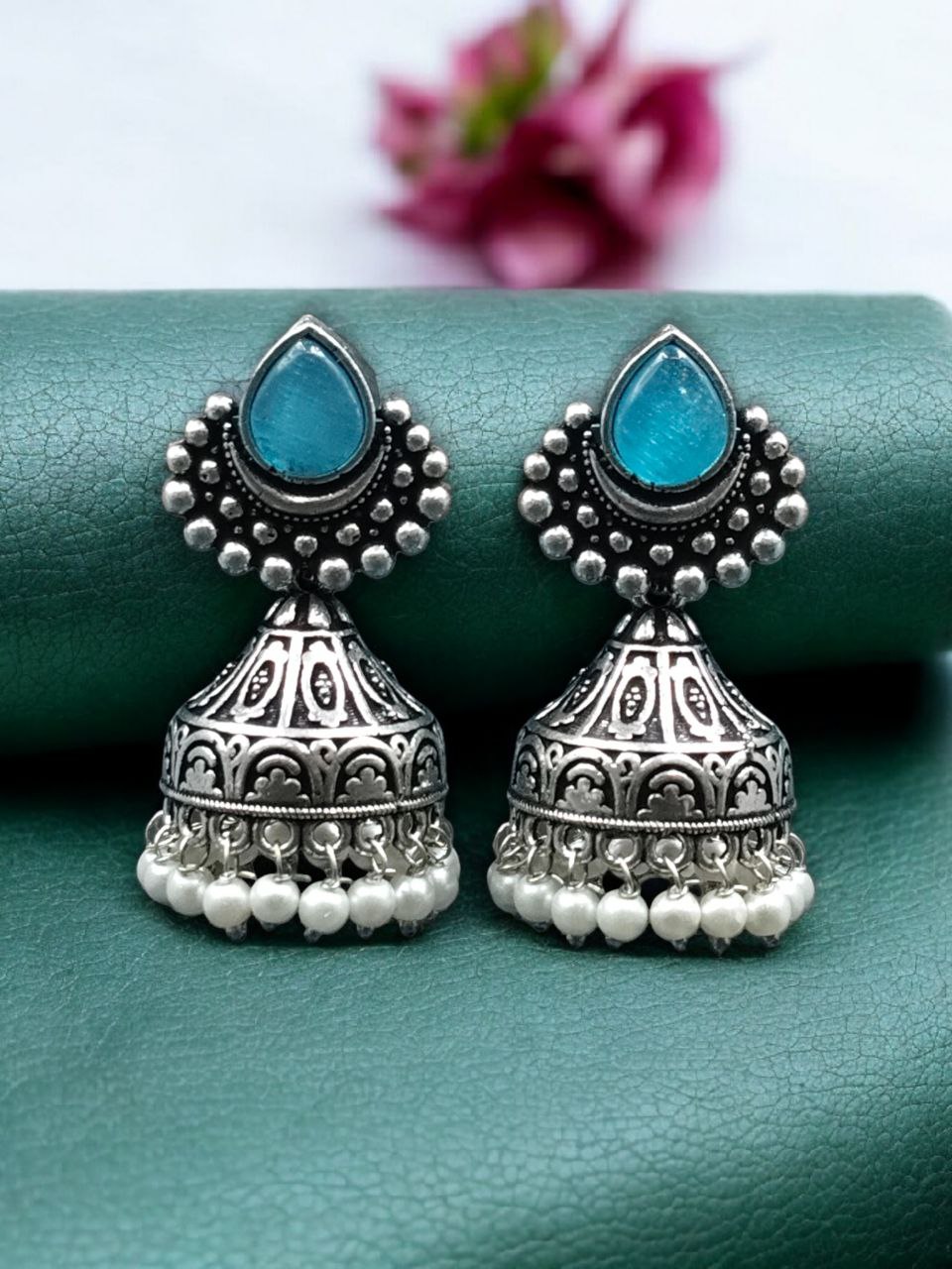 Traditional Monalisa Stone Silver Plated Jhumka Earrings | Best Pearl Work Festive Wear Jewelry - Image 2