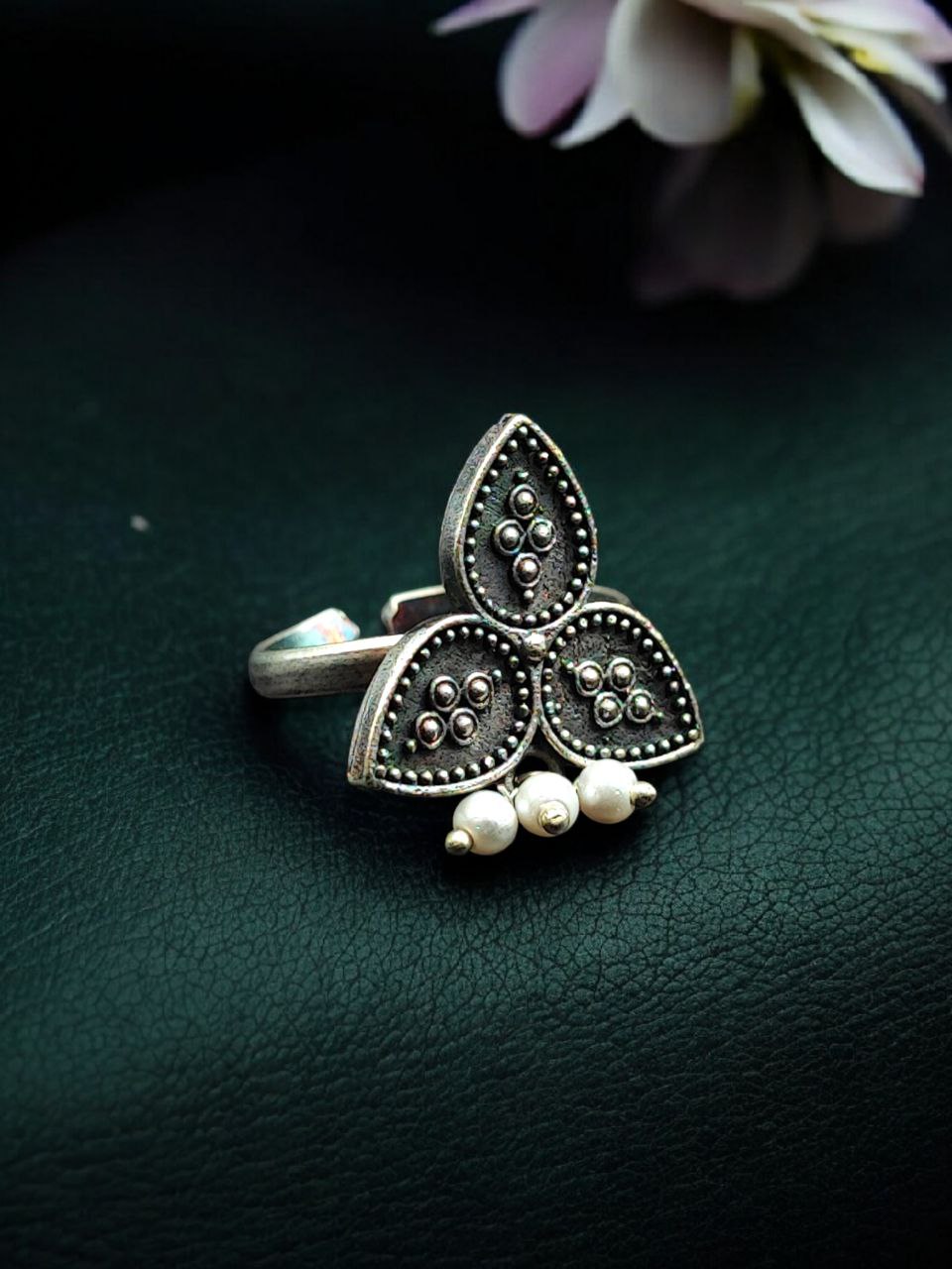 Oxidized Leaf Design Adjustable Ring | Best Pearl Work Jewelry for Women - Image 2