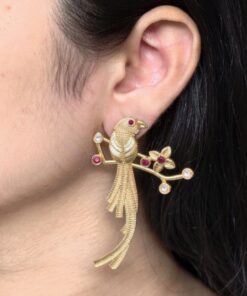 Handcrafted Gold Plated Parrot Stud Earrings | Flower Design & Stone Work Beautiful Jewelry
