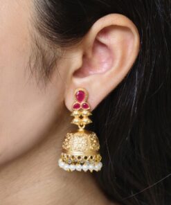 Gold Plated Floral Art Jhumka Dangler Earrings | Stone & Pearl Work Unique Jewelry