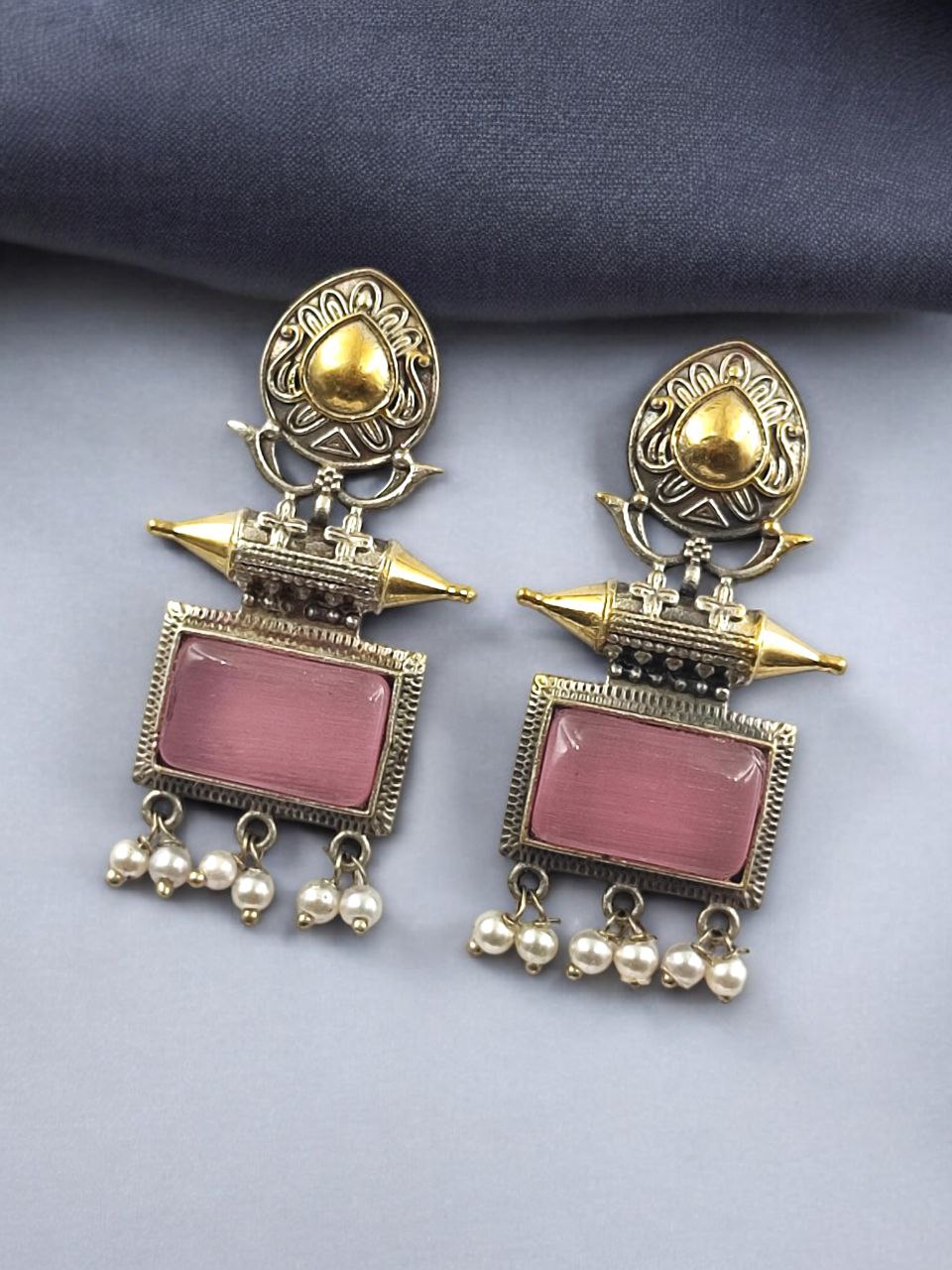 Beautiful Design Two-Tone Stud Earrings | Monalisa Stone with Pearl Detailing - Image 10