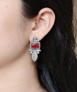 Vintage Look Silver Replica Leaf Design Stud Earrings | Monalisa Stone Best Jewelry For Girls