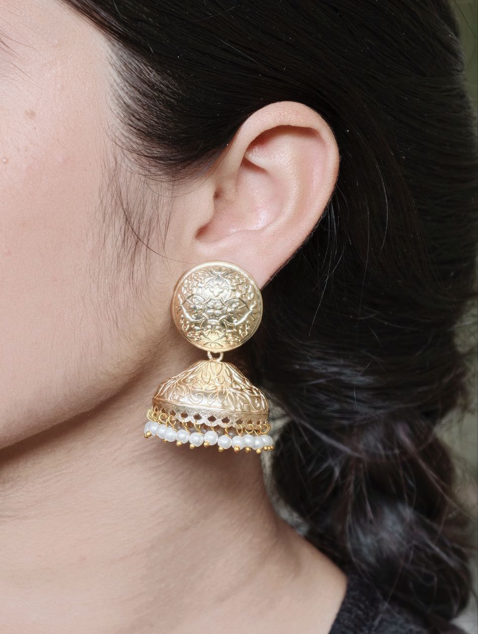 Beautiful Design Floral Art Jhumka Earrings | Pearl Work Gold Plated Dangler Jewelry
