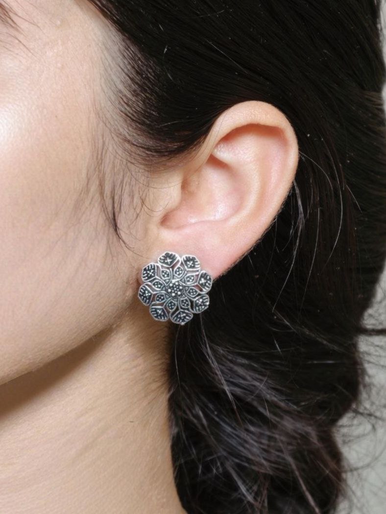 Designer Silver Plated Oxidized Stud Earrings | Perfect for Daily Wear