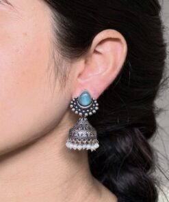 Traditional Monalisa Stone Silver Plated Jhumka Earrings | Best Pearl Work Festive Wear Jewelry