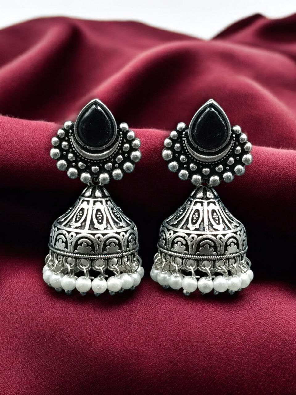 Traditional Monalisa Stone Silver Plated Jhumka Earrings | Best Pearl Work Festive Wear Jewelry - Image 3