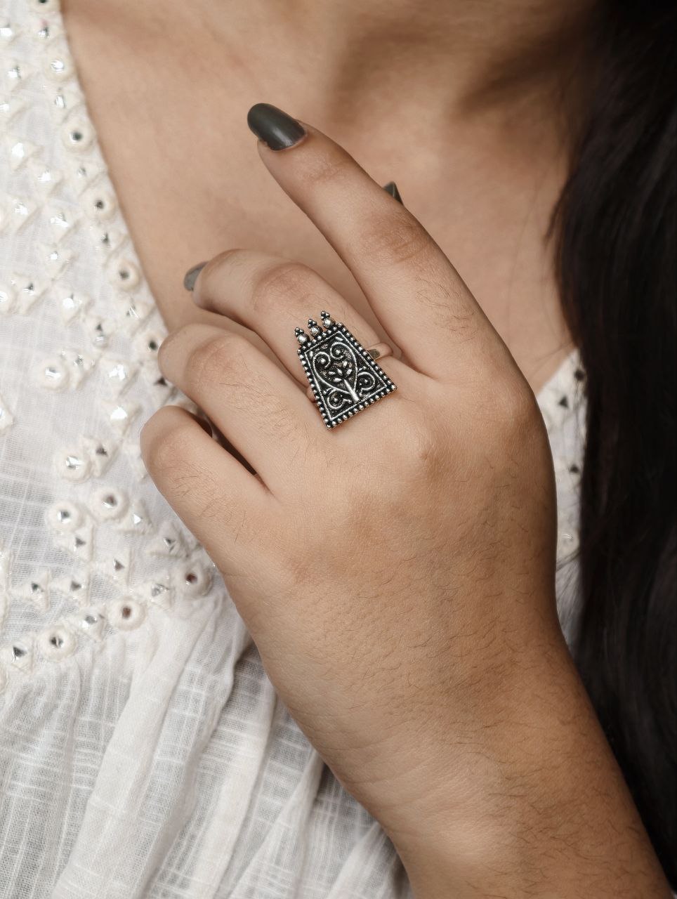 Elegant Floral Art Adjustable Ring | Oxidized Silver Plated Amazing Jewelry For Girls - Image 3