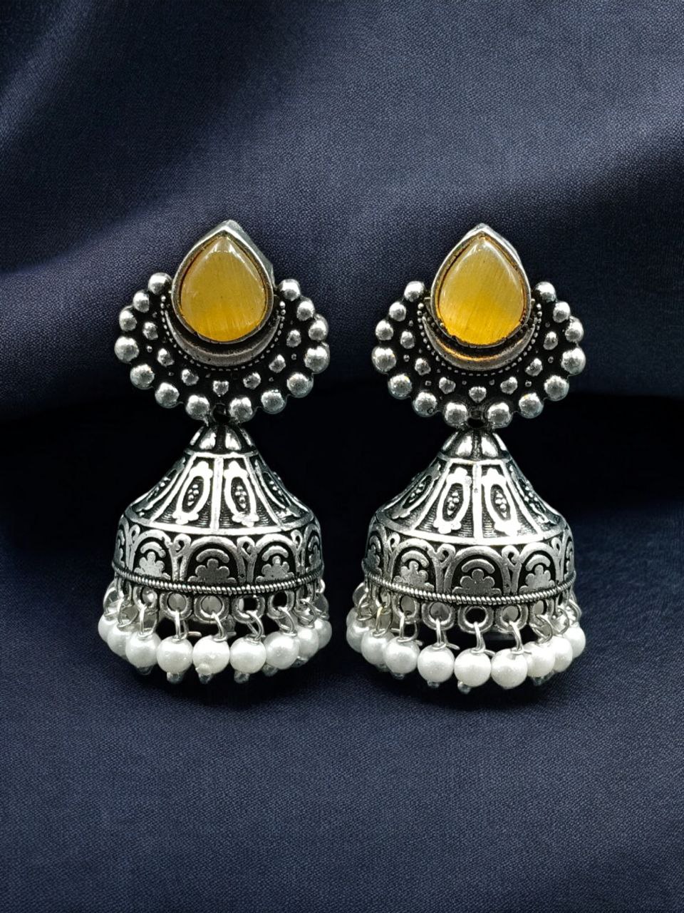 Traditional Monalisa Stone Silver Plated Jhumka Earrings | Best Pearl Work Festive Wear Jewelry - Image 4