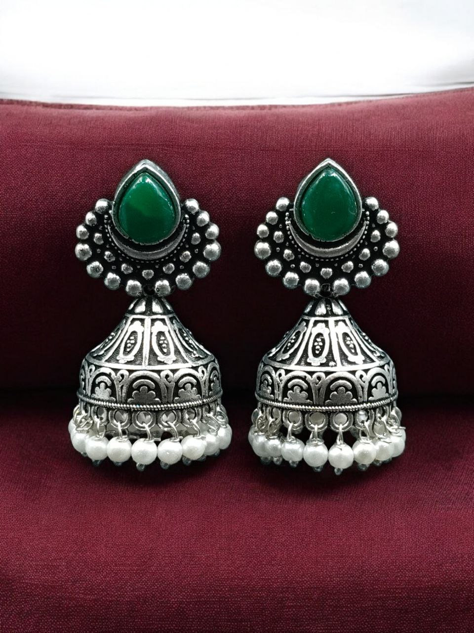 Traditional Monalisa Stone Silver Plated Jhumka Earrings | Best Pearl Work Festive Wear Jewelry - Image 10