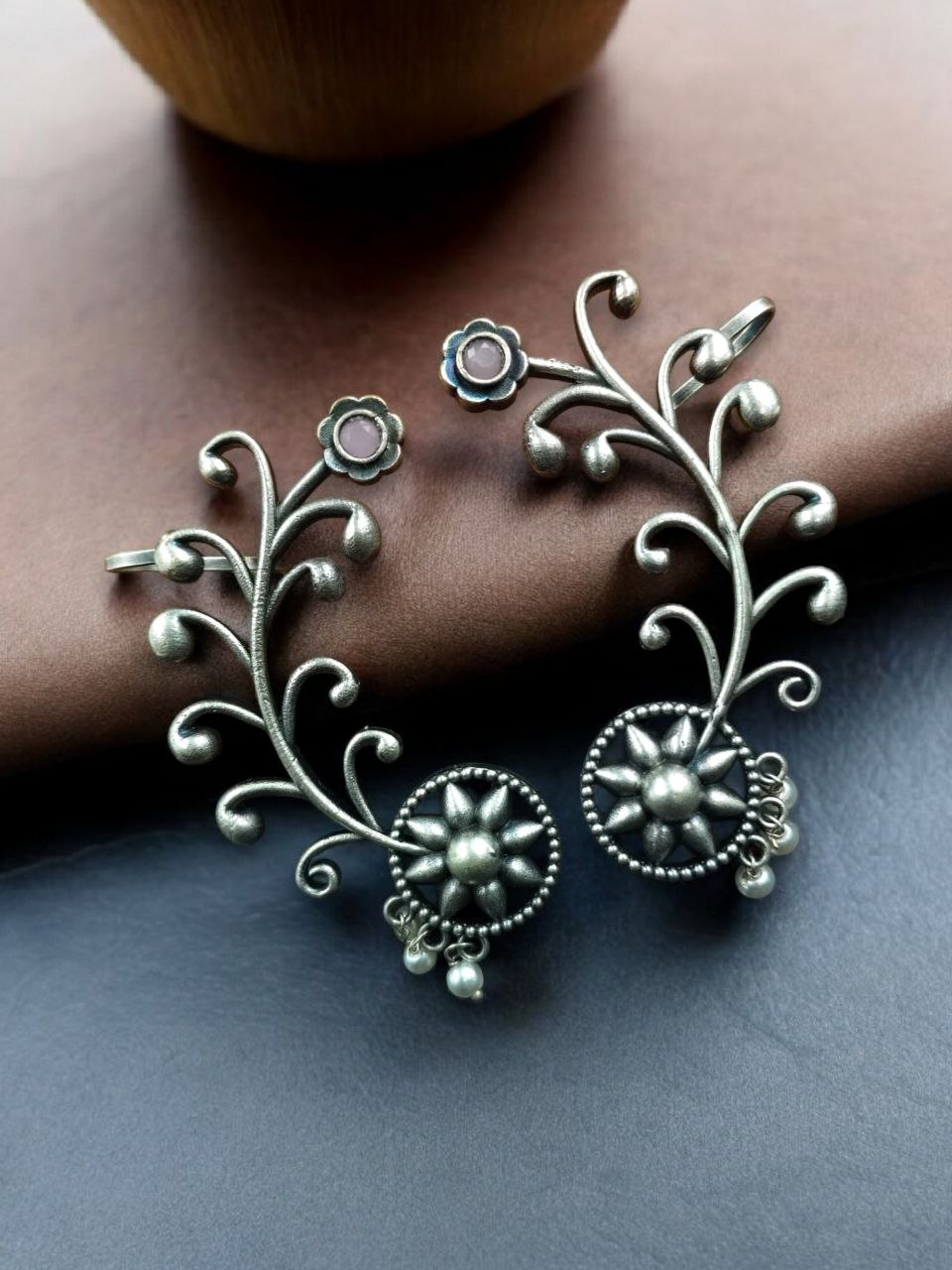 Traditional Look Flower Design Earcuff | Silver Replica Stone & Pearl Work Beautiful Jewelry For Girls - Image 7