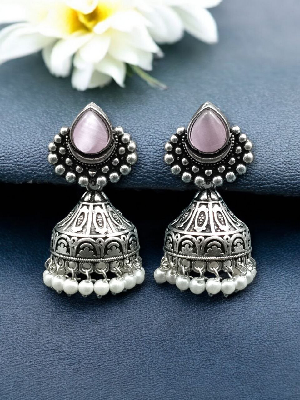 Traditional Monalisa Stone Silver Plated Jhumka Earrings | Best Pearl Work Festive Wear Jewelry - Image 5