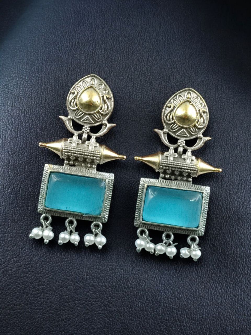 Beautiful Design Two-Tone Stud Earrings | Monalisa Stone with Pearl Detailing - Image 2