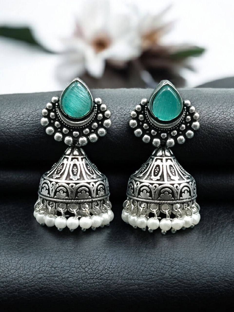 Traditional Monalisa Stone Silver Plated Jhumka Earrings | Best Pearl Work Festive Wear Jewelry - Image 6