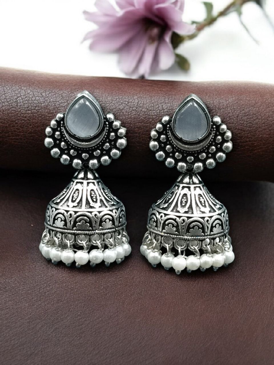 Traditional Monalisa Stone Silver Plated Jhumka Earrings | Best Pearl Work Festive Wear Jewelry - Image 8