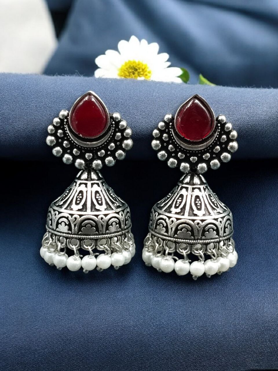 Traditional Monalisa Stone Silver Plated Jhumka Earrings | Best Pearl Work Festive Wear Jewelry - Image 9