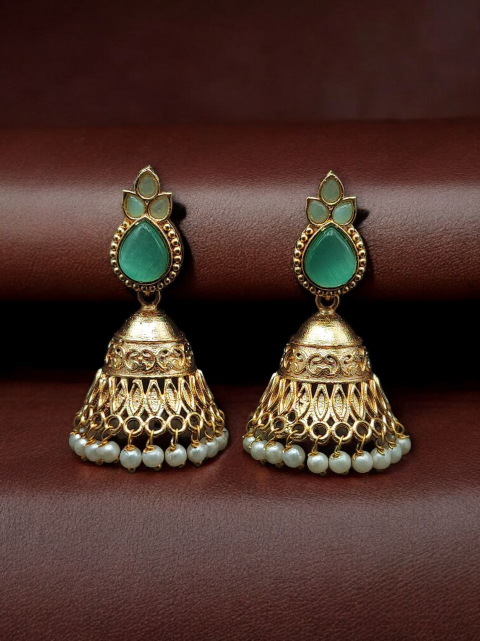 Luxurious Gold Plated Jhumka Earrings with Sparkling Stone Pearl Work - Image 3