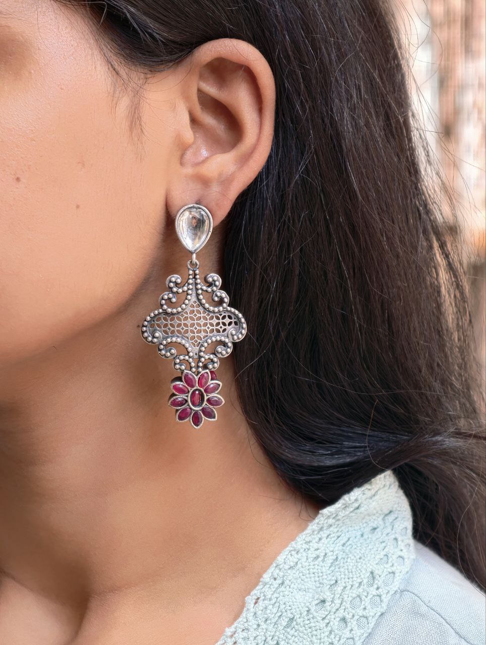 Stunning Silver Flower Dangler with Elegant Ethnic Appeal