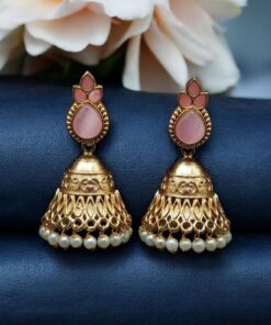 Alternative view of Luxurious Gold Plated Jhumka Earrings with Sparkling Stone Pearl Work