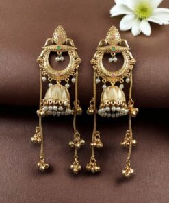 Alternative view of Beautiful Gold Plated Kashmiri Jhumka Earrings with Premium Stone Pearl Work