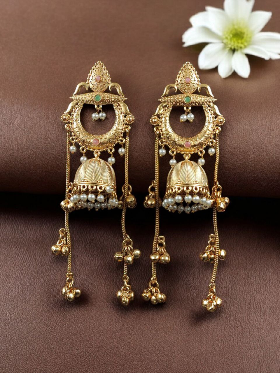 Beautiful Gold Plated Kashmiri Jhumka Earrings with Premium Stone Pearl Work - Image 2