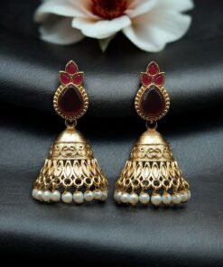 Luxurious Gold Plated Jhumka Earrings with Sparkling Stone Pearl Work