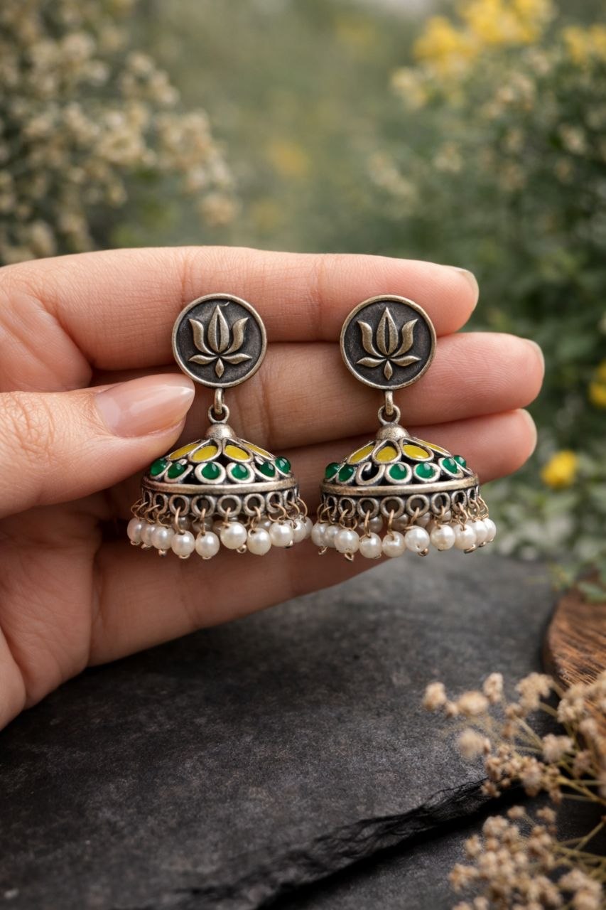 Silver Lotus Jhumka Elegant Dazzling Traditional Earrings for Graceful Women - Image 2