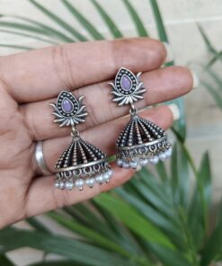 Alternative view of Elegant Silver Lotus Jhumka Earring | Perfect Daily Wear Jewelry