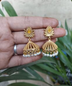 Alternative view of Elegant Gold Plated Lotus Jhumka Earrings for Stunning Traditional Look