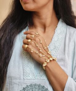 Elegant Gold Plated Flower Kashmiri Hathphool Stunning Traditional Hand Jewelry