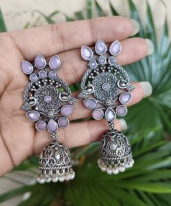 Alternative view of Premium Dangler Oxidized Jhumka Earring With Beautiful Pearl Work Detailing