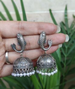 Alternative view of Fish Jhumka Earring with Traditional Attractive Artistic Oxidized Design