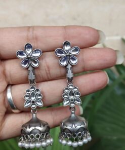 Silver Floral Art Jhumka Earrings with Beautiful Premium Light weight Jewelry