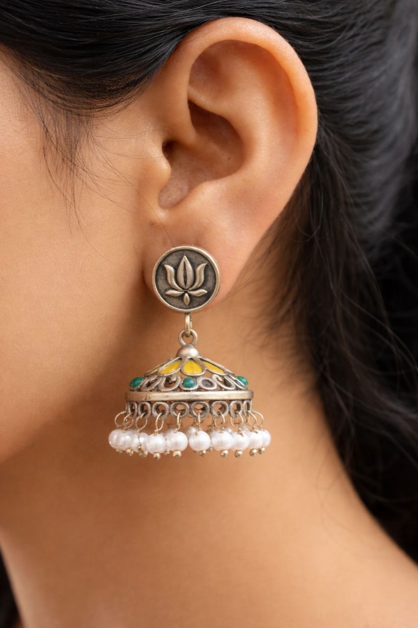 Silver Lotus Jhumka Elegant Dazzling Traditional Earrings for Graceful Women