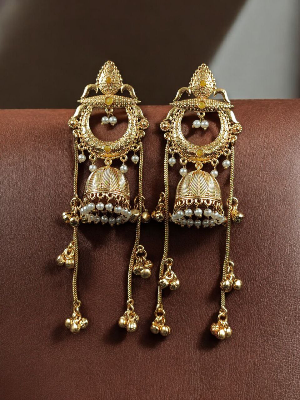 Beautiful Gold Plated Kashmiri Jhumka Earrings with Premium Stone Pearl Work - Image 3