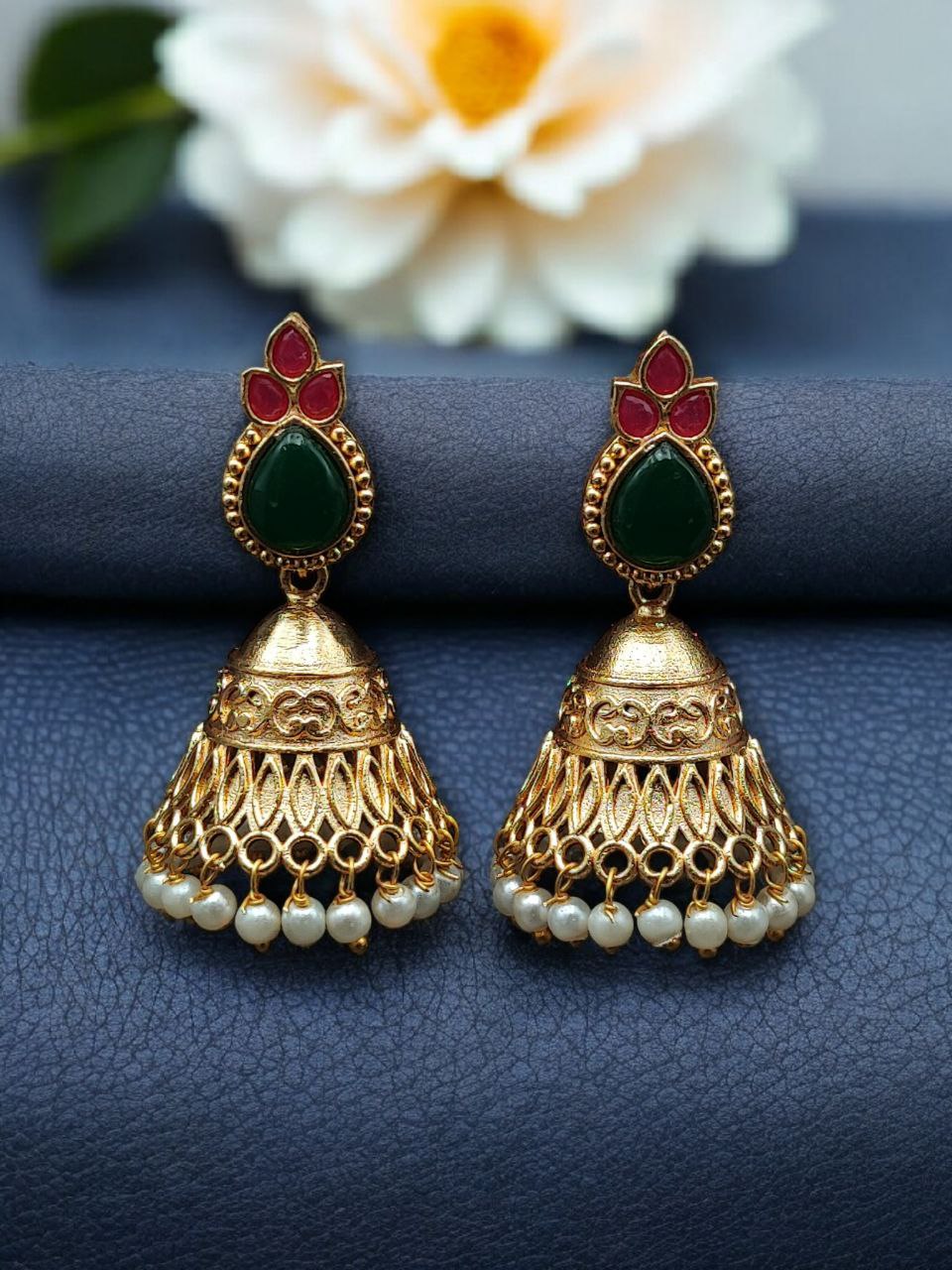 Luxurious Gold Plated Jhumka Earrings with Sparkling Stone Pearl Work - Image 11