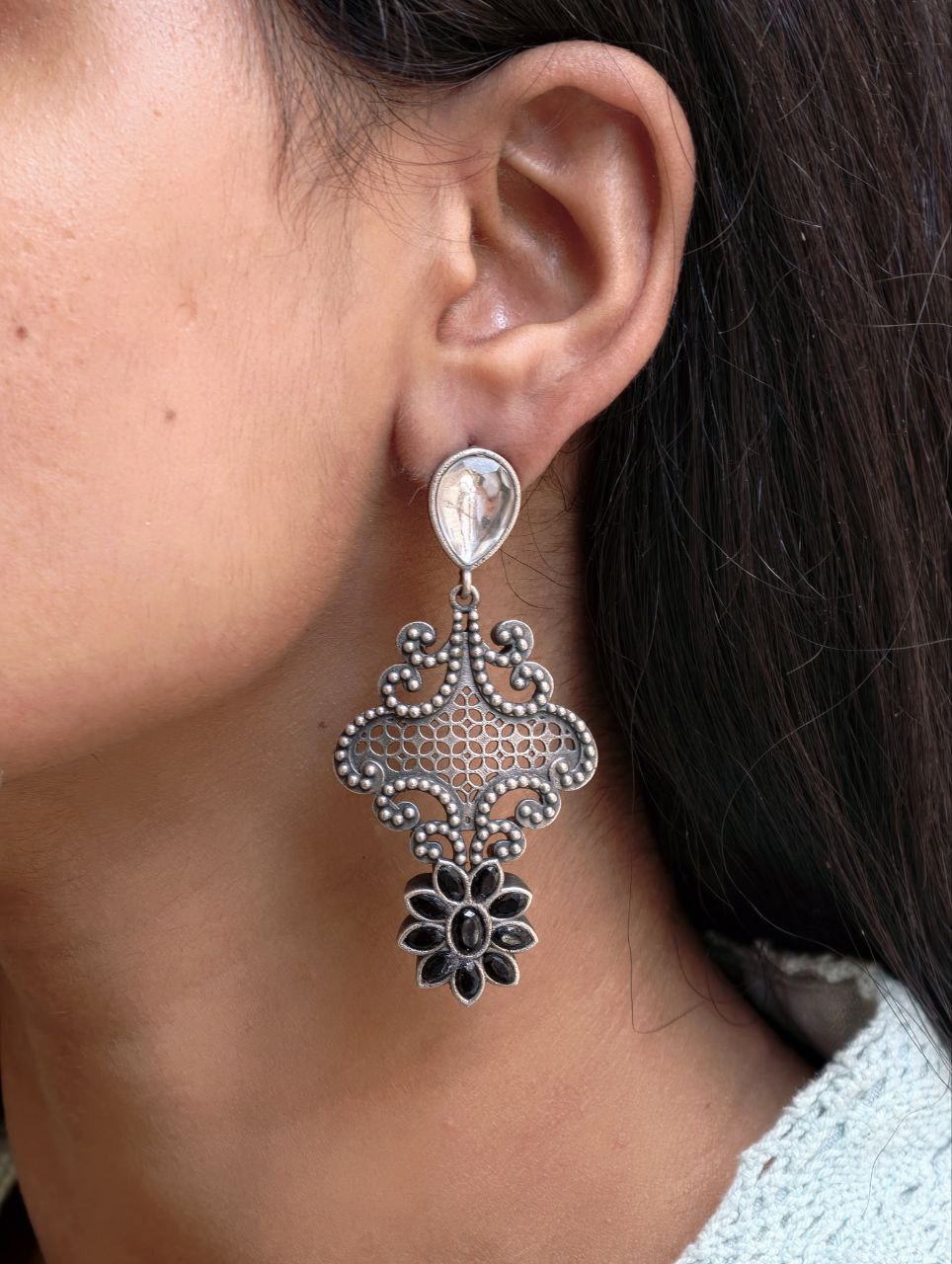 Stunning Silver Flower Dangler with Elegant Ethnic Appeal - Image 8