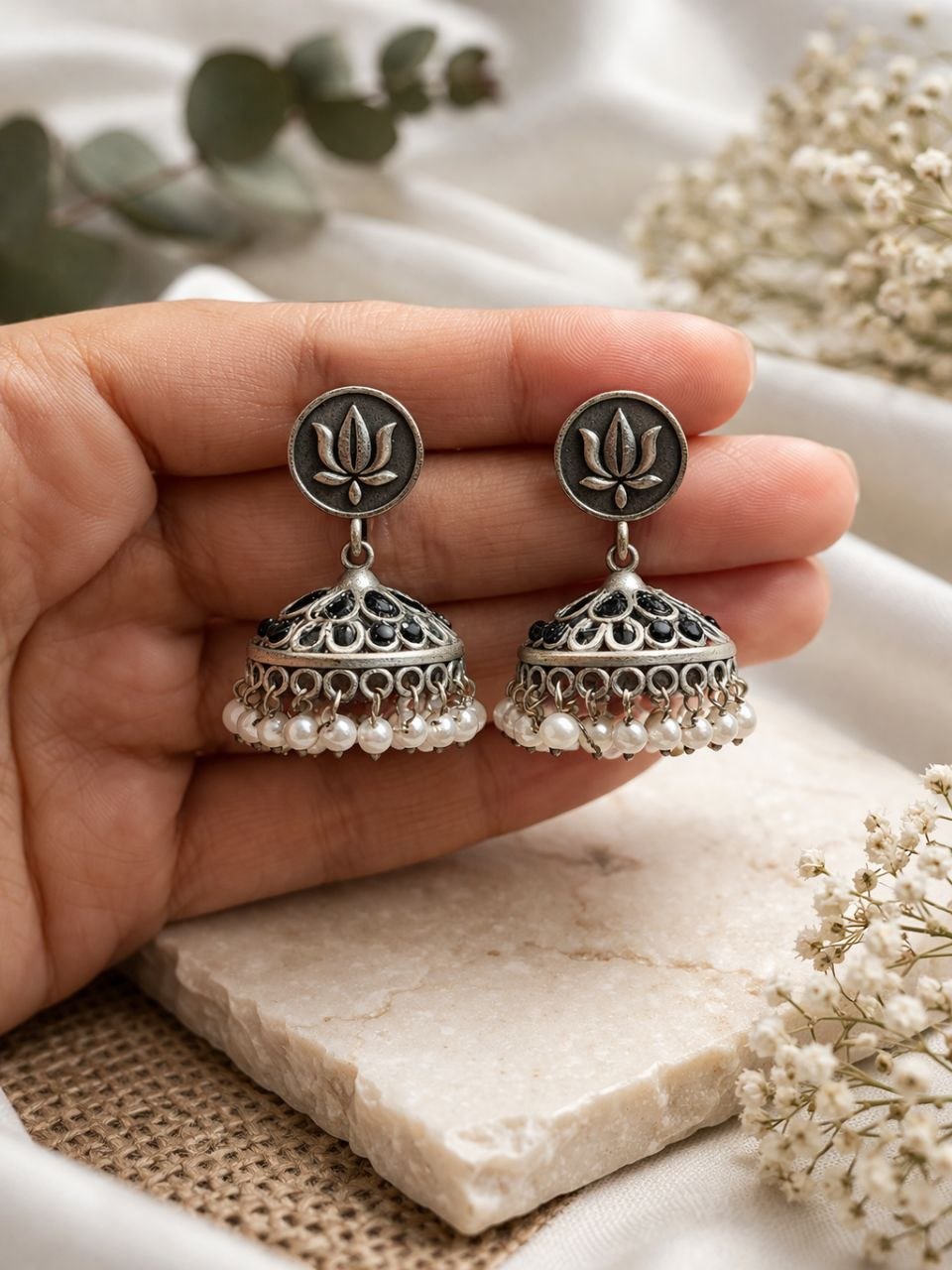 Silver Lotus Jhumka Elegant Dazzling Traditional Earrings for Graceful Women - Image 3