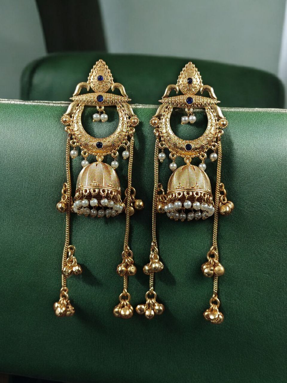 Beautiful Gold Plated Kashmiri Jhumka Earrings with Premium Stone Pearl Work - Image 4