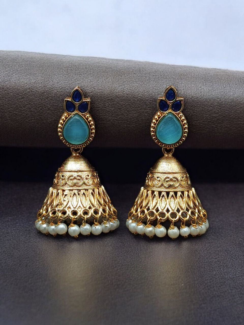 Luxurious Gold Plated Jhumka Earrings with Sparkling Stone Pearl Work - Image 10