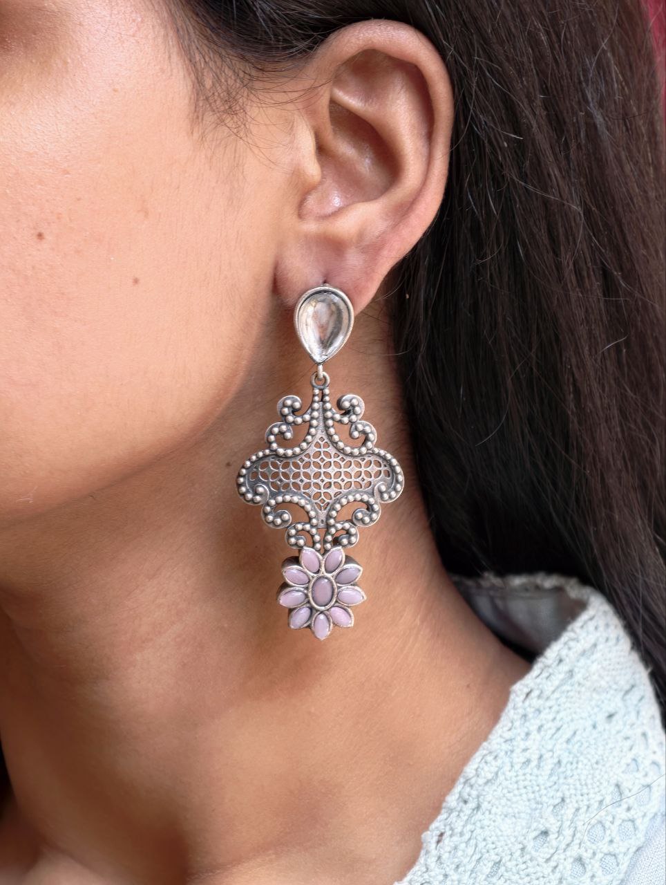 Stunning Silver Flower Dangler with Elegant Ethnic Appeal - Image 7