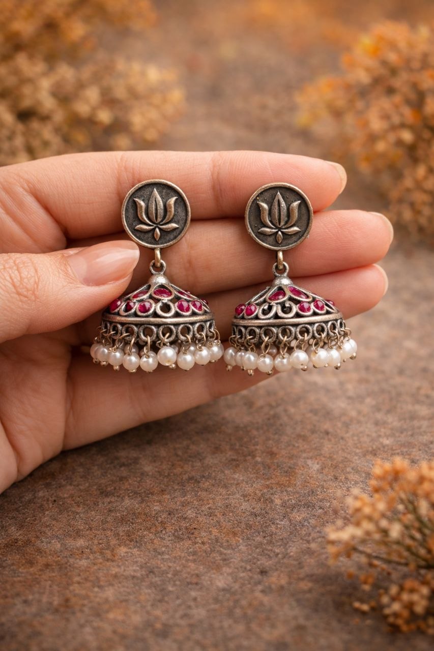Silver Lotus Jhumka Elegant Dazzling Traditional Earrings for Graceful Women - Image 4