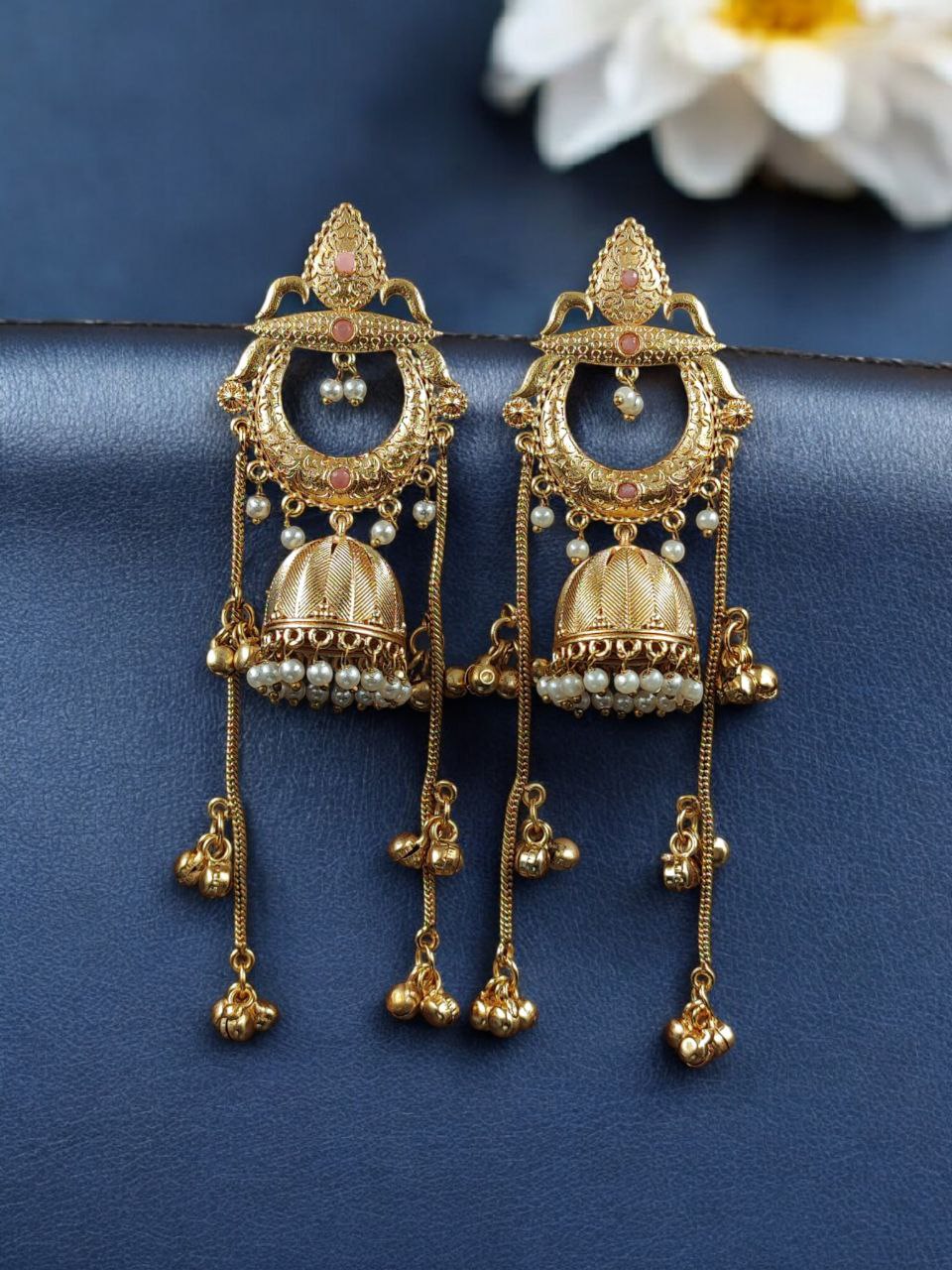 Beautiful Gold Plated Kashmiri Jhumka Earrings with Premium Stone Pearl Work - Image 5